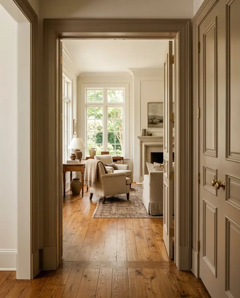 Cased opening with paneled interior doors looking into a sunlit living room with wide-plank wood floors