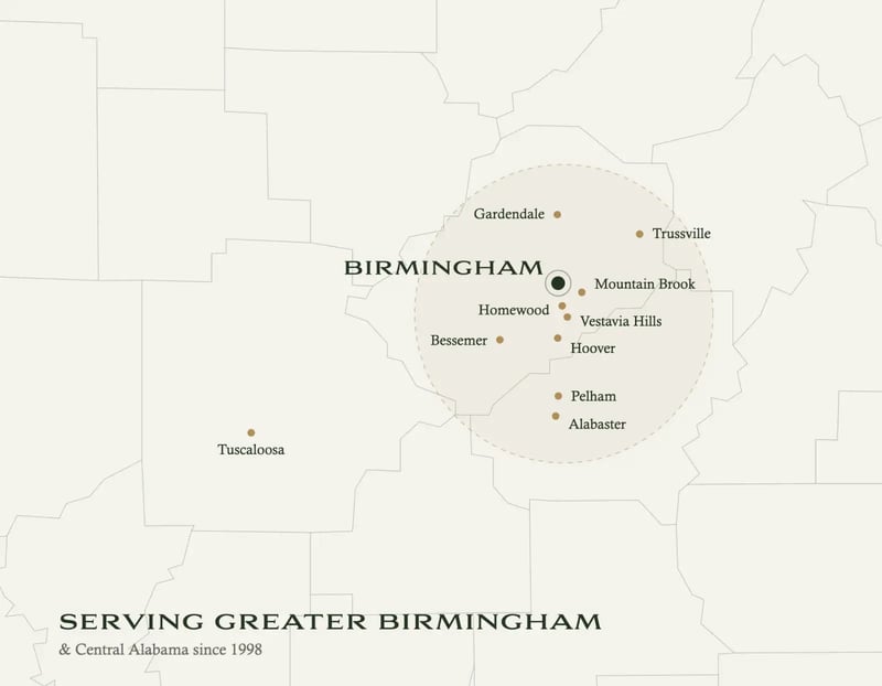 Map of the Builders Millwork service area around Birmingham, Alabama, including Hoover, Vestavia Hills, Mountain Brook, Homewood, Bessemer, Pelham, Alabaster, Gardendale, Trussville and Tuscaloosa