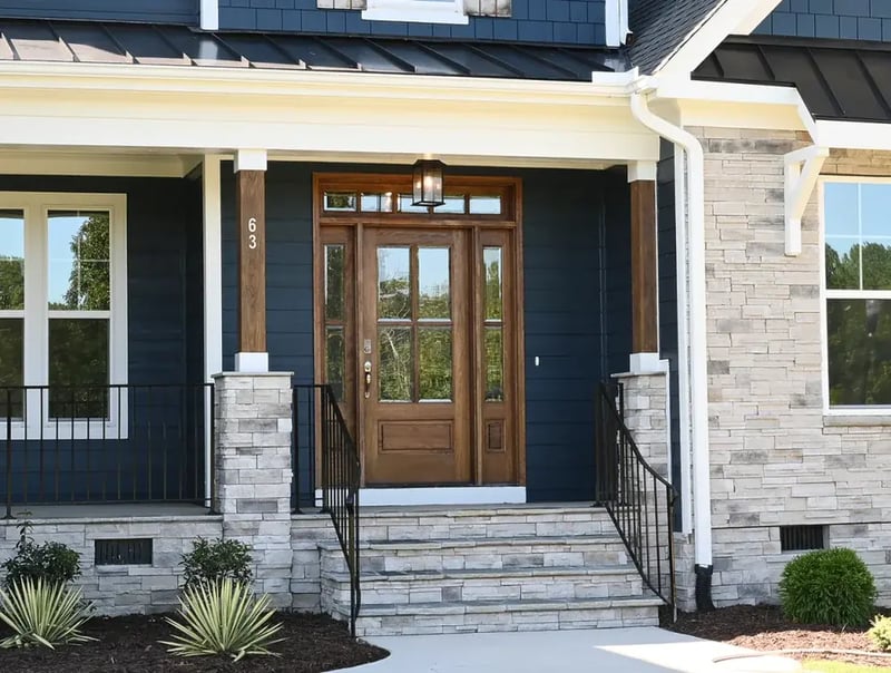 Wood glass-panel front door with sidelights and a transom above porch steps