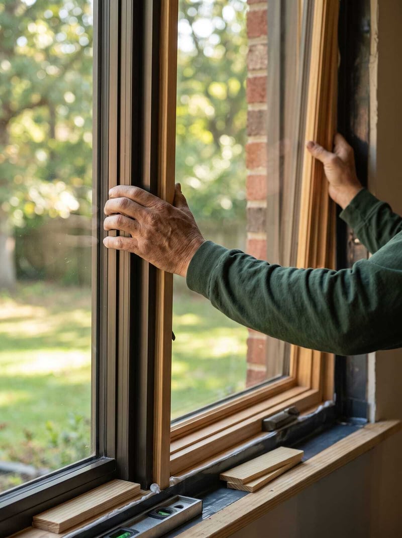 Installer's hands setting a new wood window into the opening of a brick Birmingham home